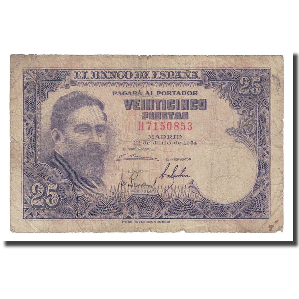 Banknote, Spain, 25 Pesetas, 1954, 1954-07-22, KM:147a, VG(8-10)