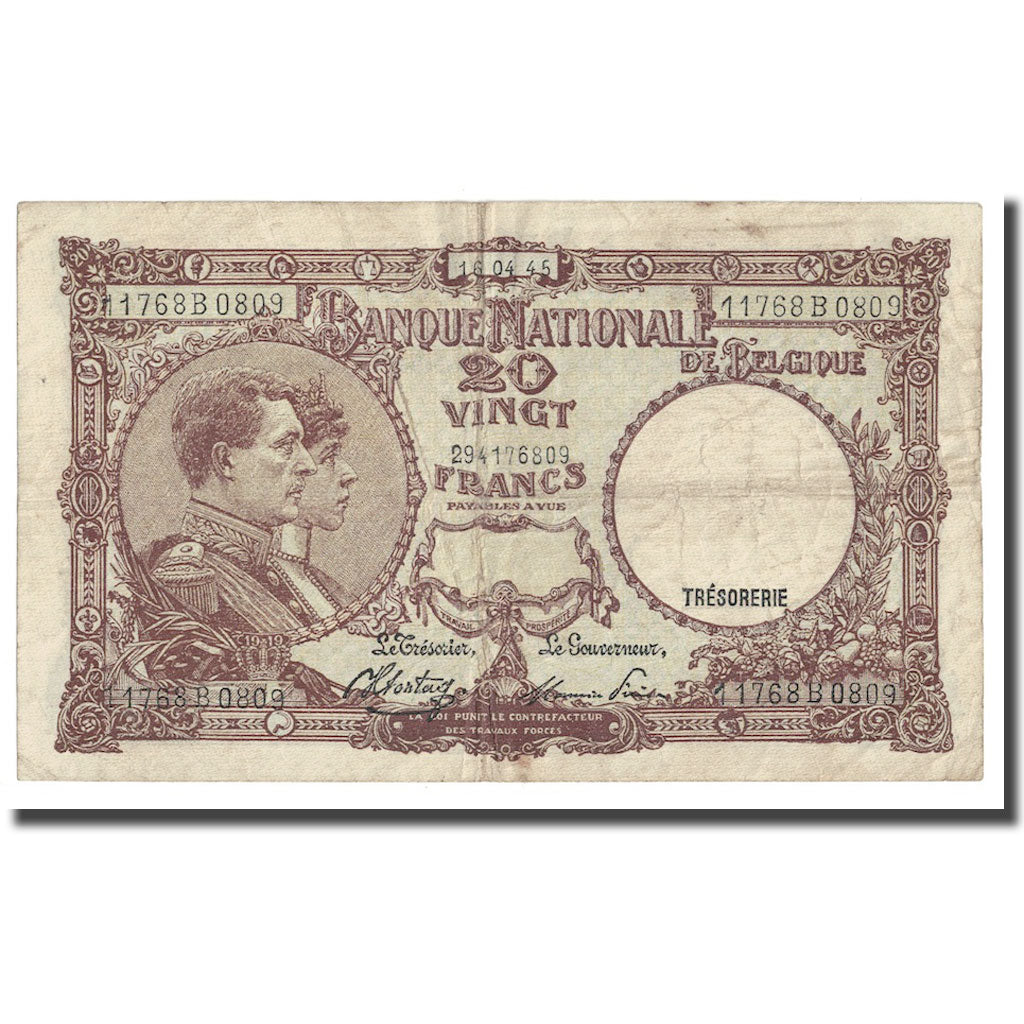 Banknote, Belgium, 20 Francs, 1945, 1945-04-16, KM:111, VF(30-35)
