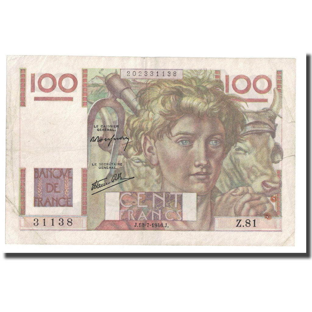 France, 100 Francs, Jeune Paysan, 1946, 1946-07-18, EF(40-45), Fayette:28.7