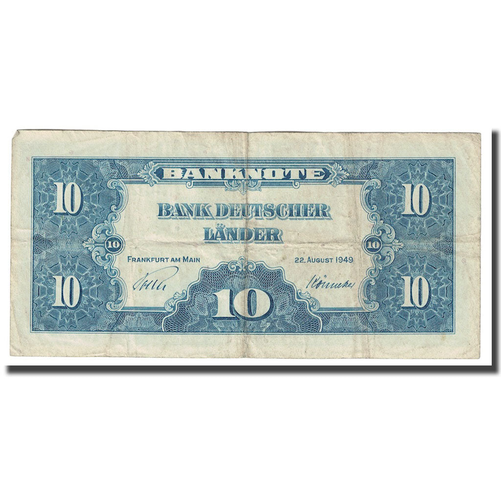 Banconote, GERMANIA - REPUBBLICA FEDERALE, 10 Deutsche Mark, 1949, KM:16a, B+