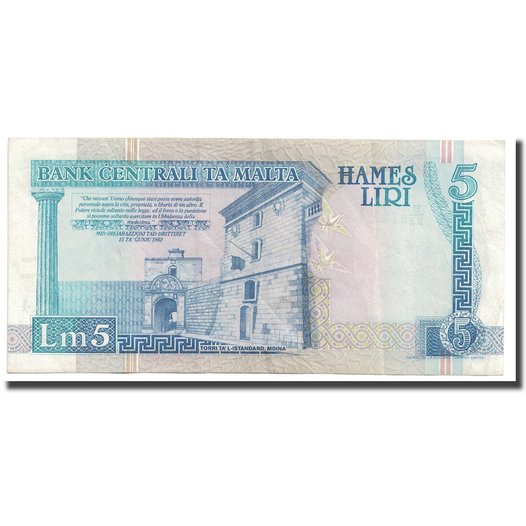 Biljet, Malta, 5 Liri, 1967, KM:46b, SUP+