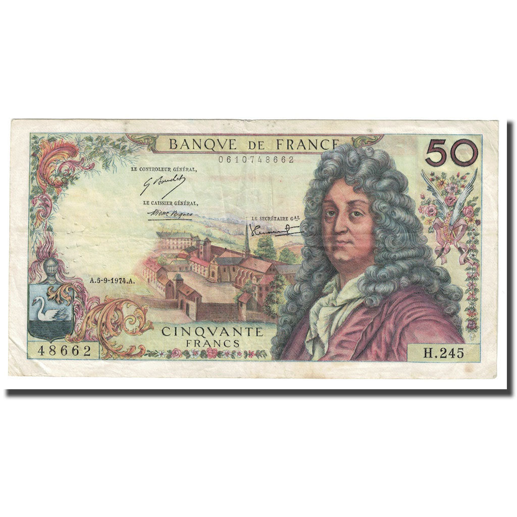 France, 50 Francs, Racine, 1974, 1974-09-05, VF(30-35), Fayette:64.27, KM:148d