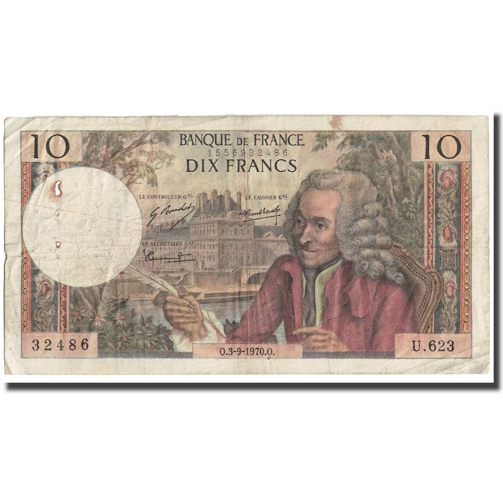 França, 10 Francs, Voltaire, 1970, 1970-09-03, VF(30-35), Fayette:62.46
