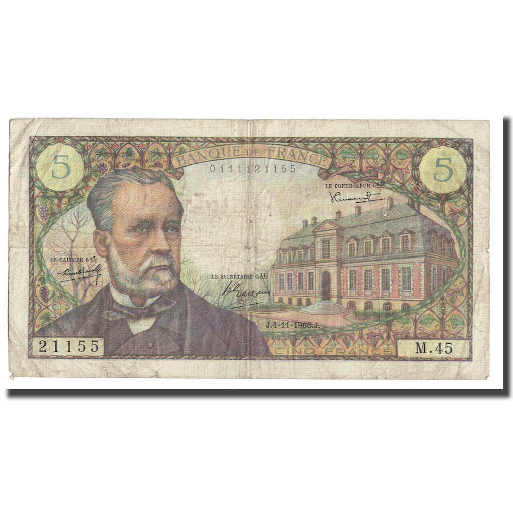 France, 5 Francs, Pasteur, 1966, 1966-11-04, F(12-15), Fayette:61.4, KM:146a