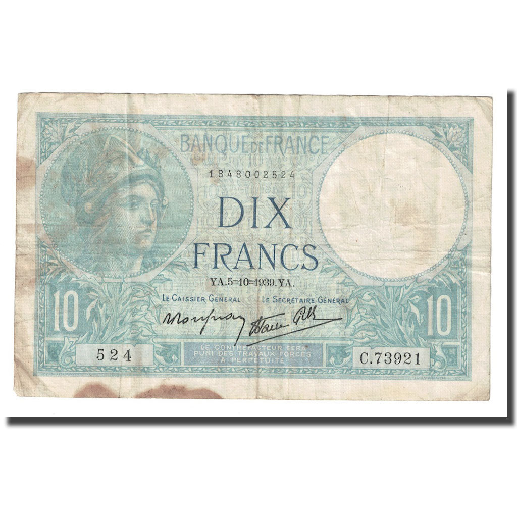 Frankreich, 10 Francs, Minerve, 1939, 1939-10-05, SGE+, Fayette:7.10, KM:84