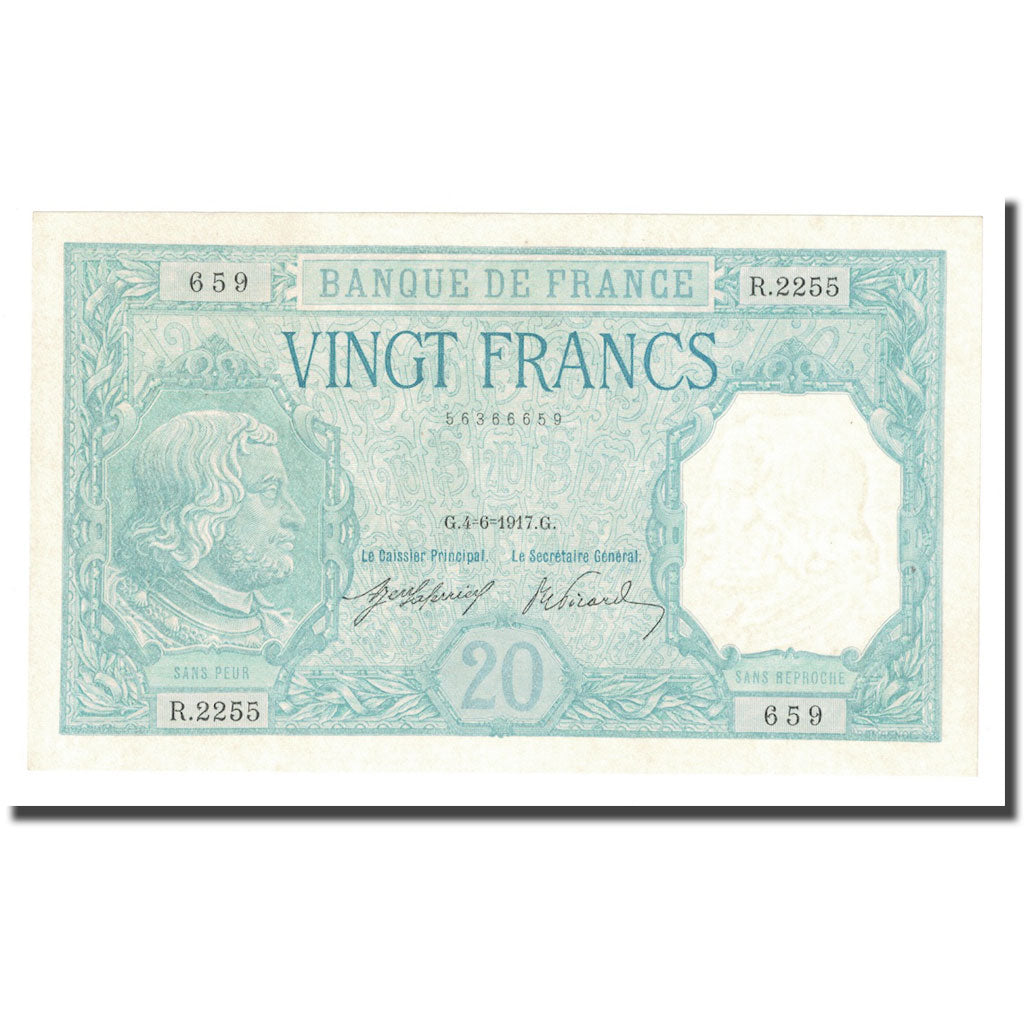 França, 20 Francs, Bayard, 1917, 1917-06-04, UNC(63), Fayette:11.2, KM:74
