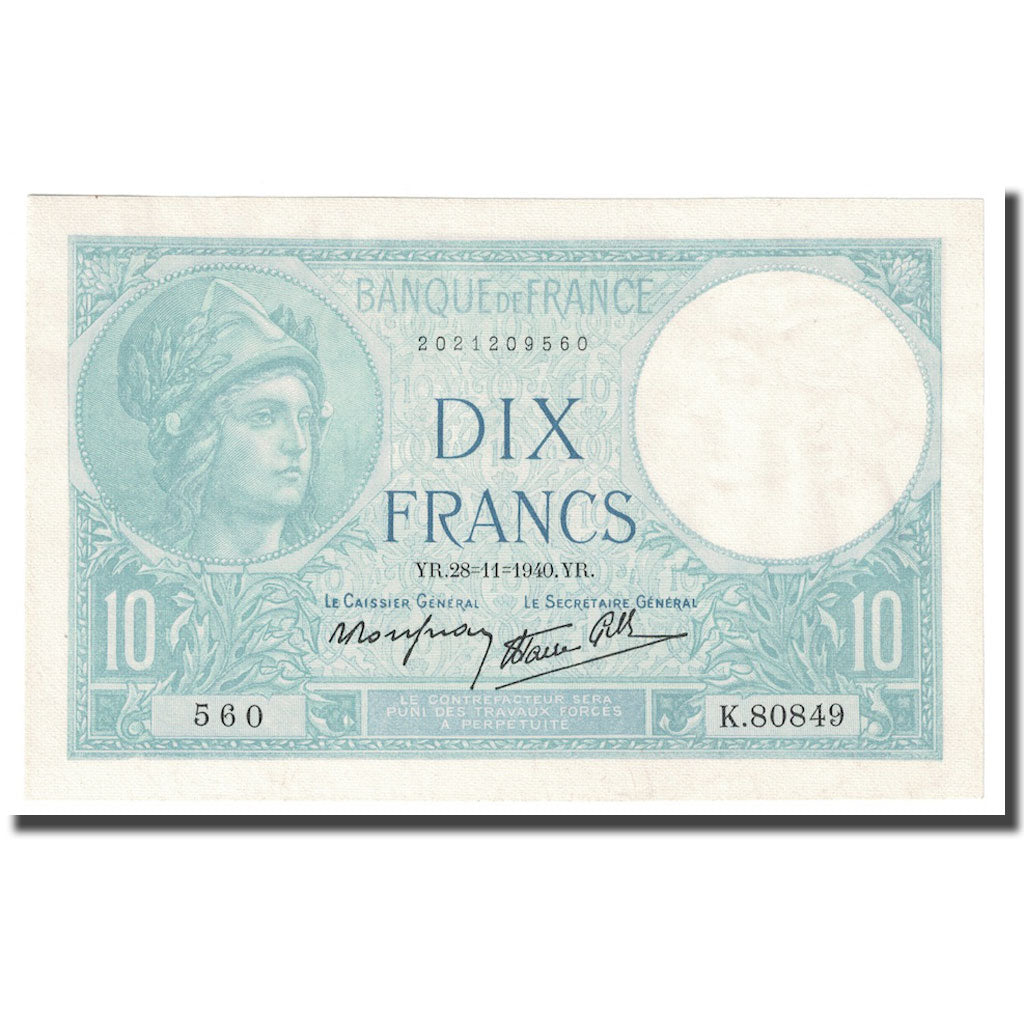 Francia, 10 Francs, Minerve, 1940, 1940-11-28, FDS, Fayette:7.22, KM:84