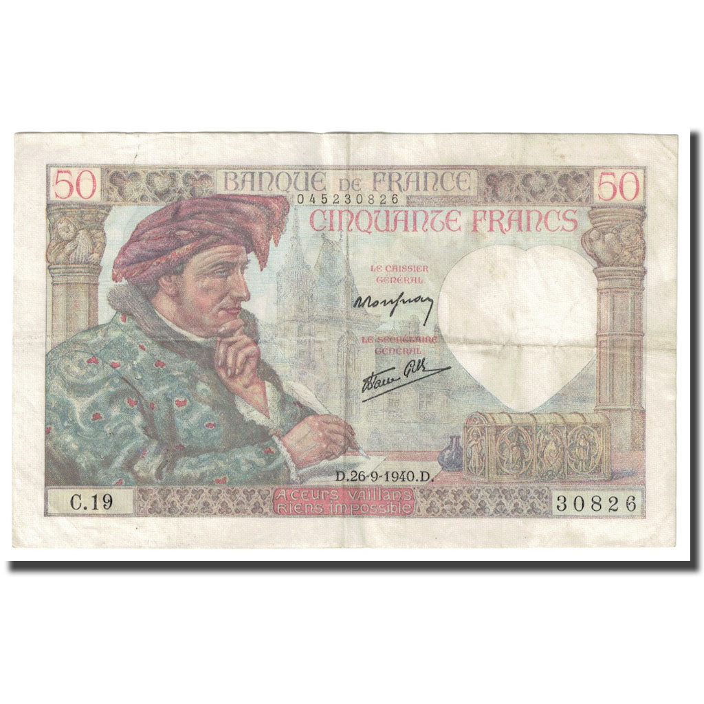 França, 50 Francs, Jacques Coeur, 1940, 1940-09-26, VF(30-35), Fayette:19.3
