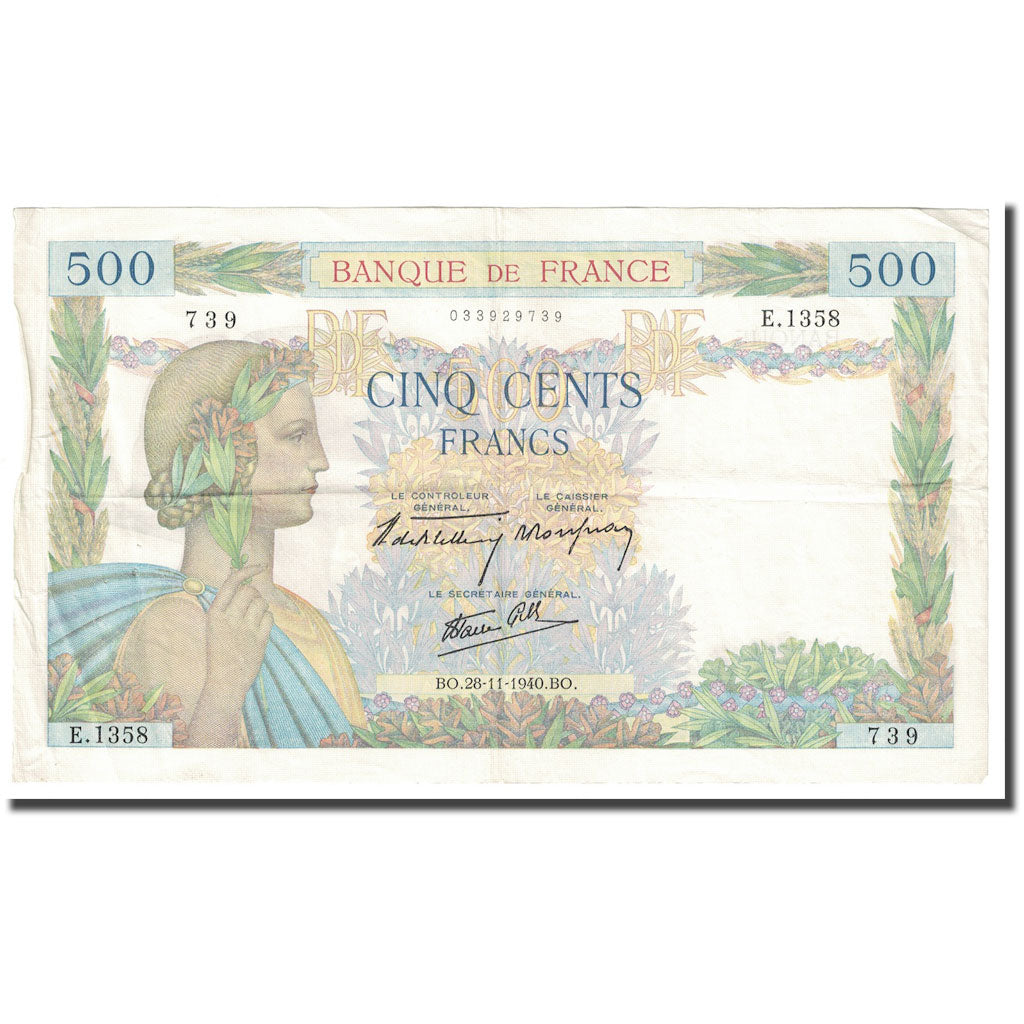 Frankrijk, 500 Francs, La Paix, 1940, 1940-11-28, TTB+, Fayette:32.09, KM:95a