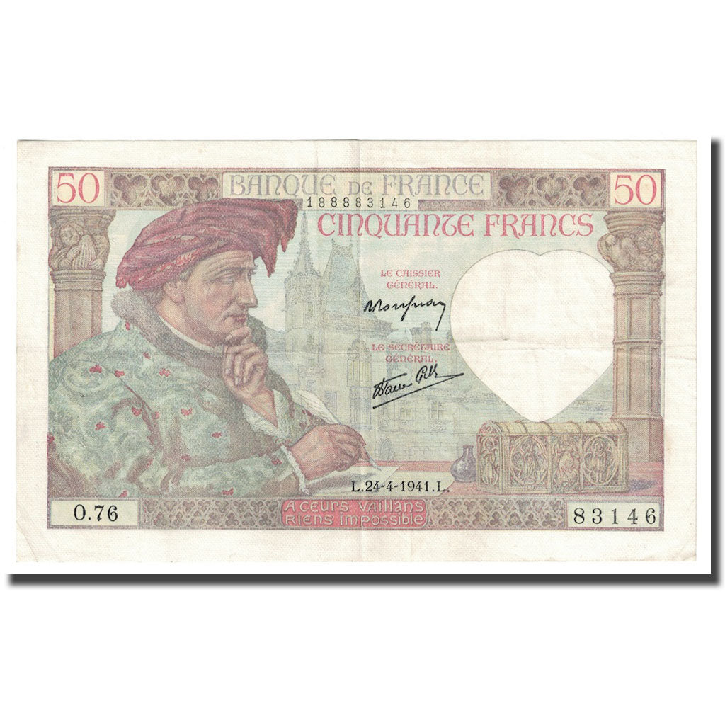 Francia, 50 Francs, Jacques Coeur, 1941, 1941-04-24, BB, Fayette:19.09, KM:93