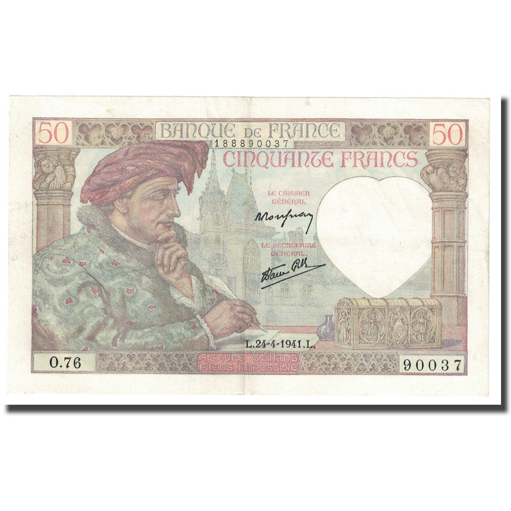 France, 50 Francs, Jacques Coeur, 1941, 1941-04-24, AU(50-53), Fayette:19.09