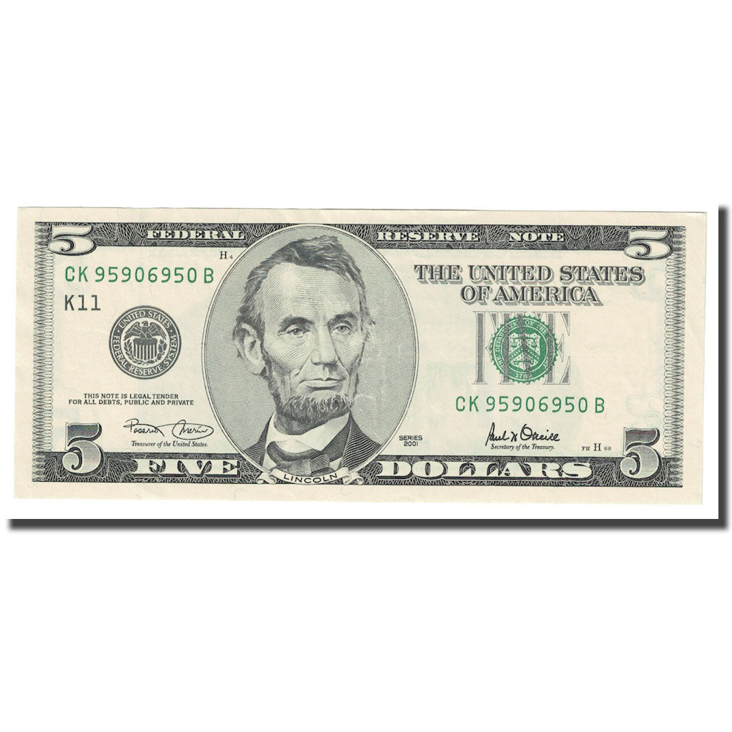 Nota, Estados Unidos da América, Five Dollars, 2001, KM:4597, UNC(64)