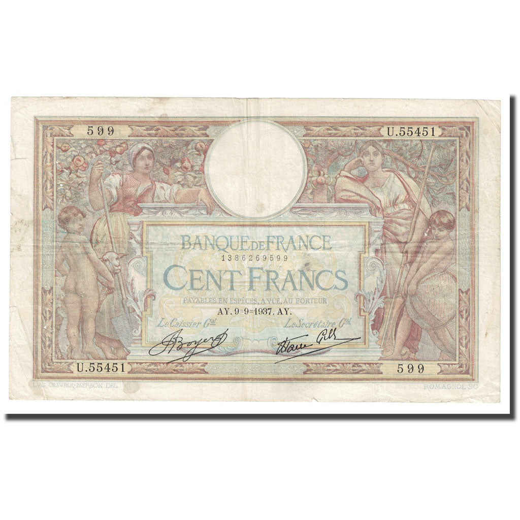 Francia, 100 Francs, Luc Olivier Merson, 1937, 1937-09-09, MB+, Fayette:VF25.01