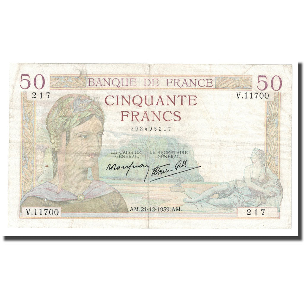 Francia, 50 Francs, Cérès, 1939, 1939-12-21, BB, Fayette:18.36, KM:85b