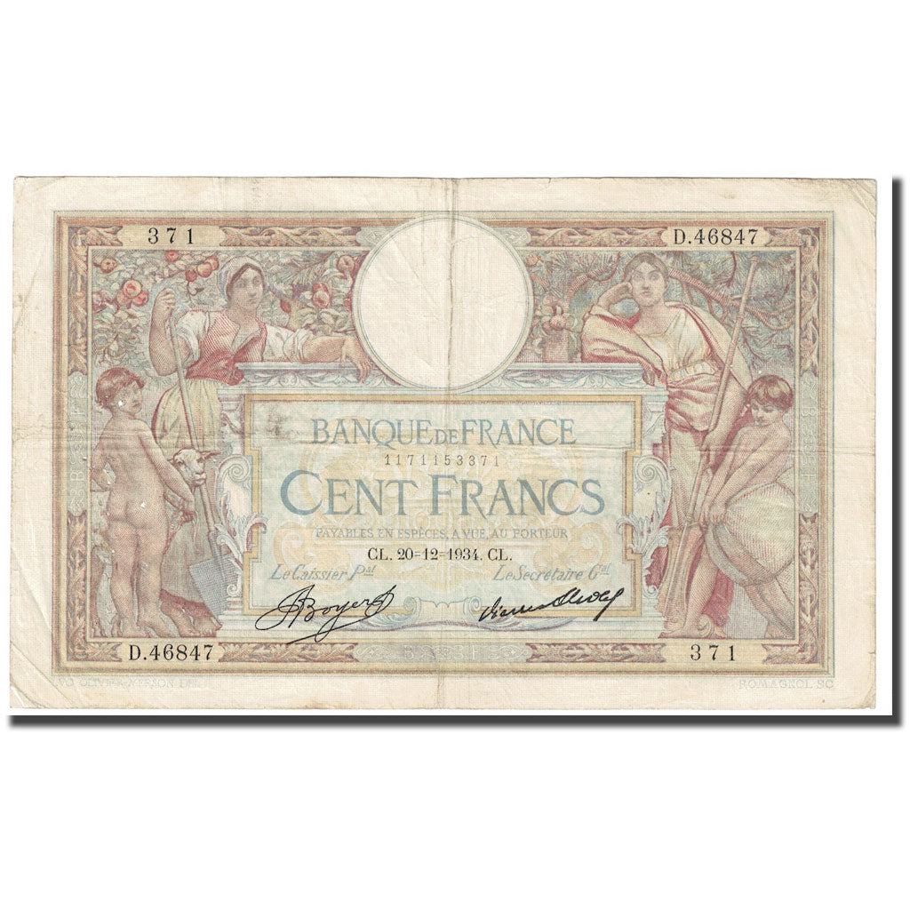 France, 100 Francs, Luc Olivier Merson, 1934, 1934-12-20, EF(40-45)