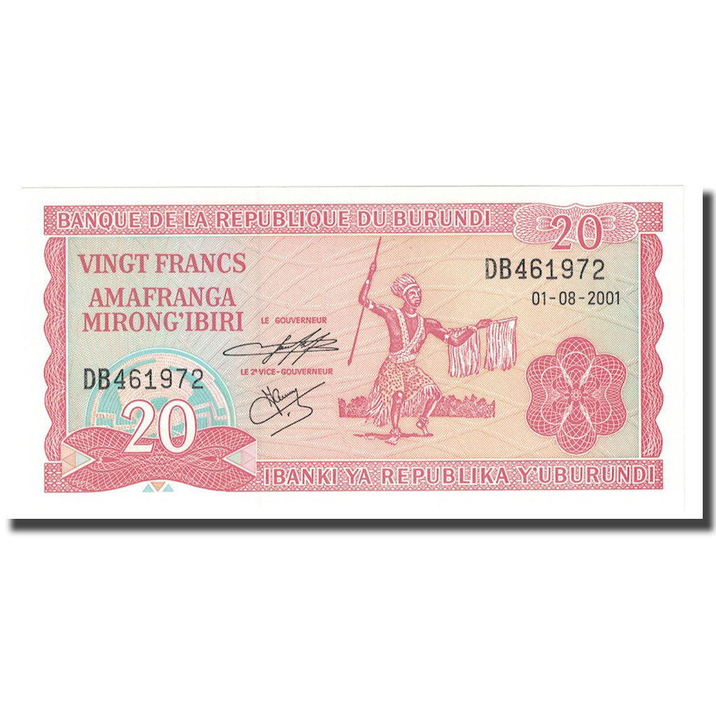 Billete, 20 Francs, 2001, Burundi, 2001-08-01, KM:27d, UNC