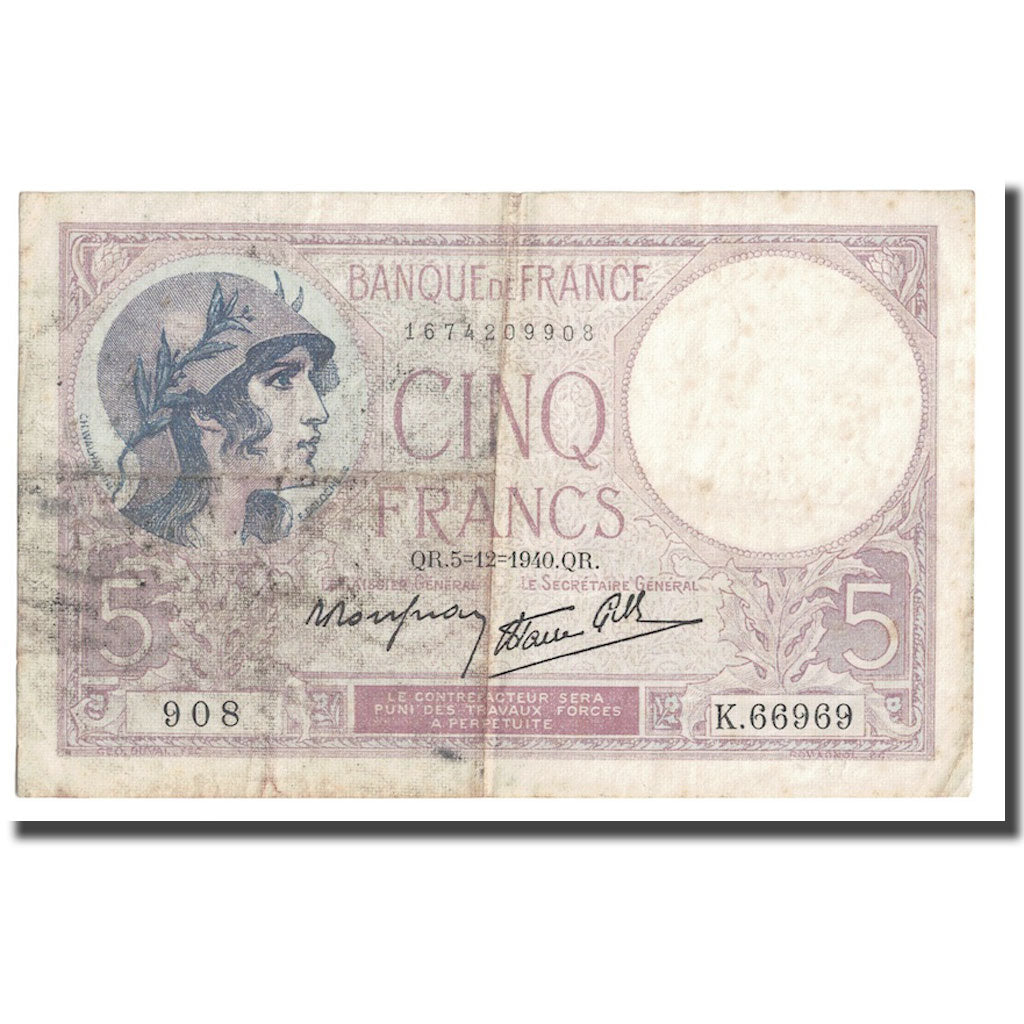 Francia, 5 Francs, Violet, 1940, 1940-12-05, BC+, Fayette:4.16, KM:83