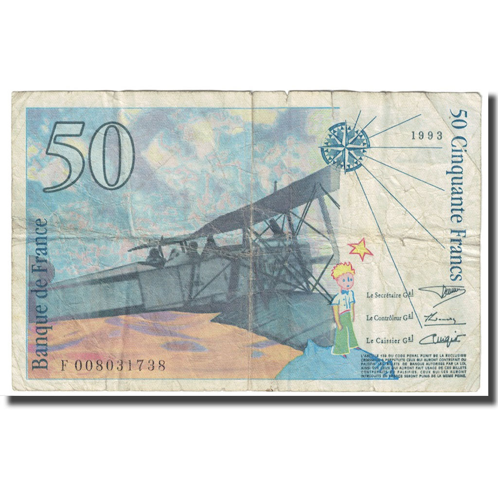 Francja, 50 Francs, St Exupéry, 1993, VF(30-35), Fayette:72.2, KM:157b