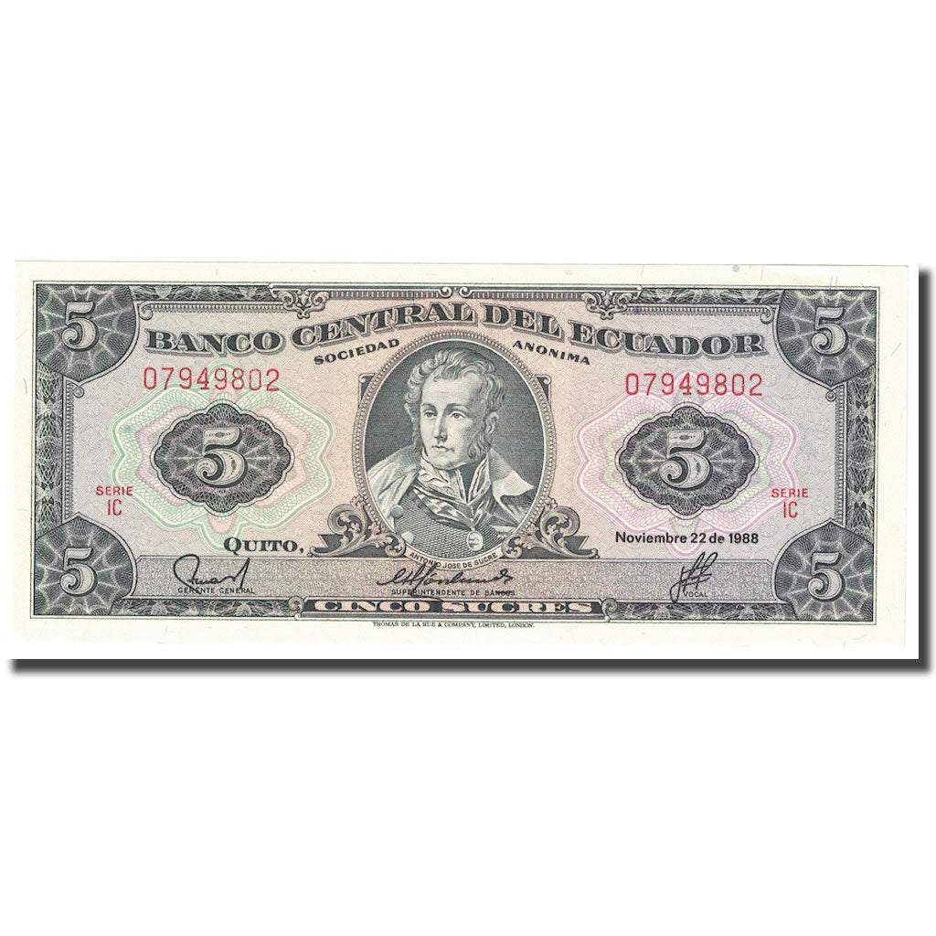 Banknot, Ekwador, 5 Sucres, 1988, 1988-11-22, KM:108b, UNC(65-70)