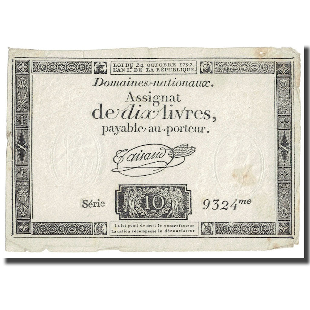 Francia, 10 Livres, 1792, Taisaud, 1792-10-24, BC+, KM:A66b
