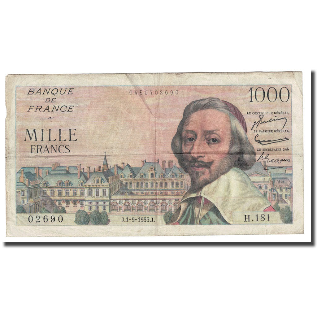 Francia, 1000 Francs, Richelieu, 1955, 1955-03-03, MB+, Fayette:42.15, KM:134a