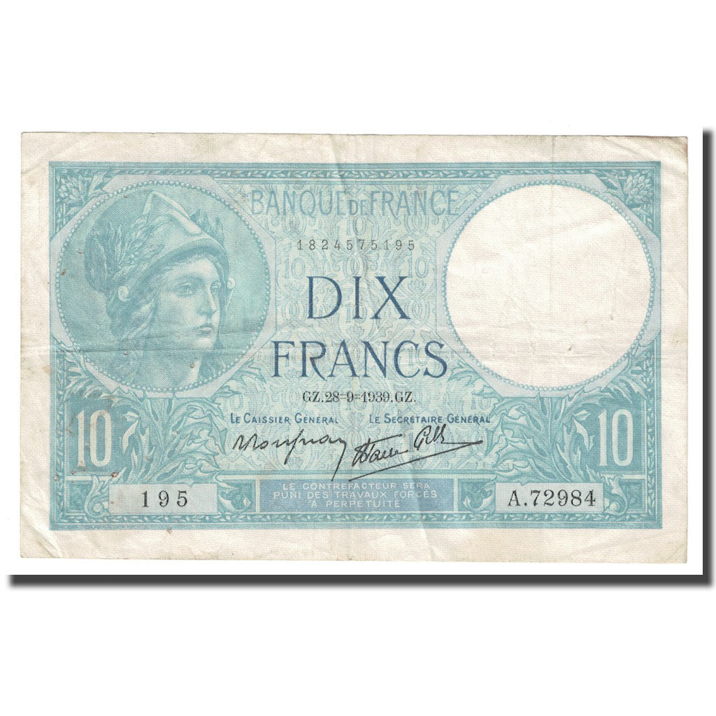 Frankreich, 10 Francs, Minerve, 1939, 1939-09-28, SS+, Fayette:7.9, KM:84