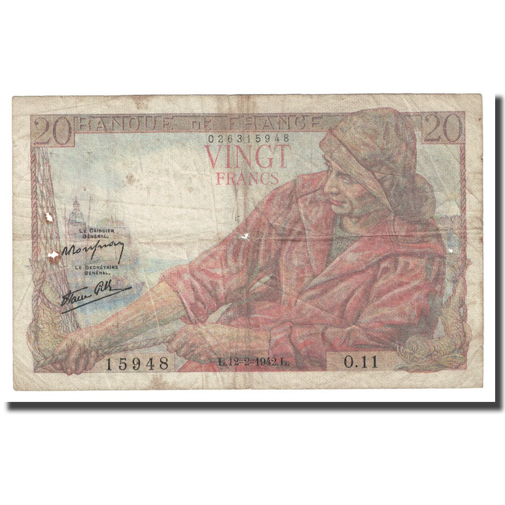 França, 20 Francs, Pêcheur, 1942, 1942-02-12, VF(20-25), KM:100a