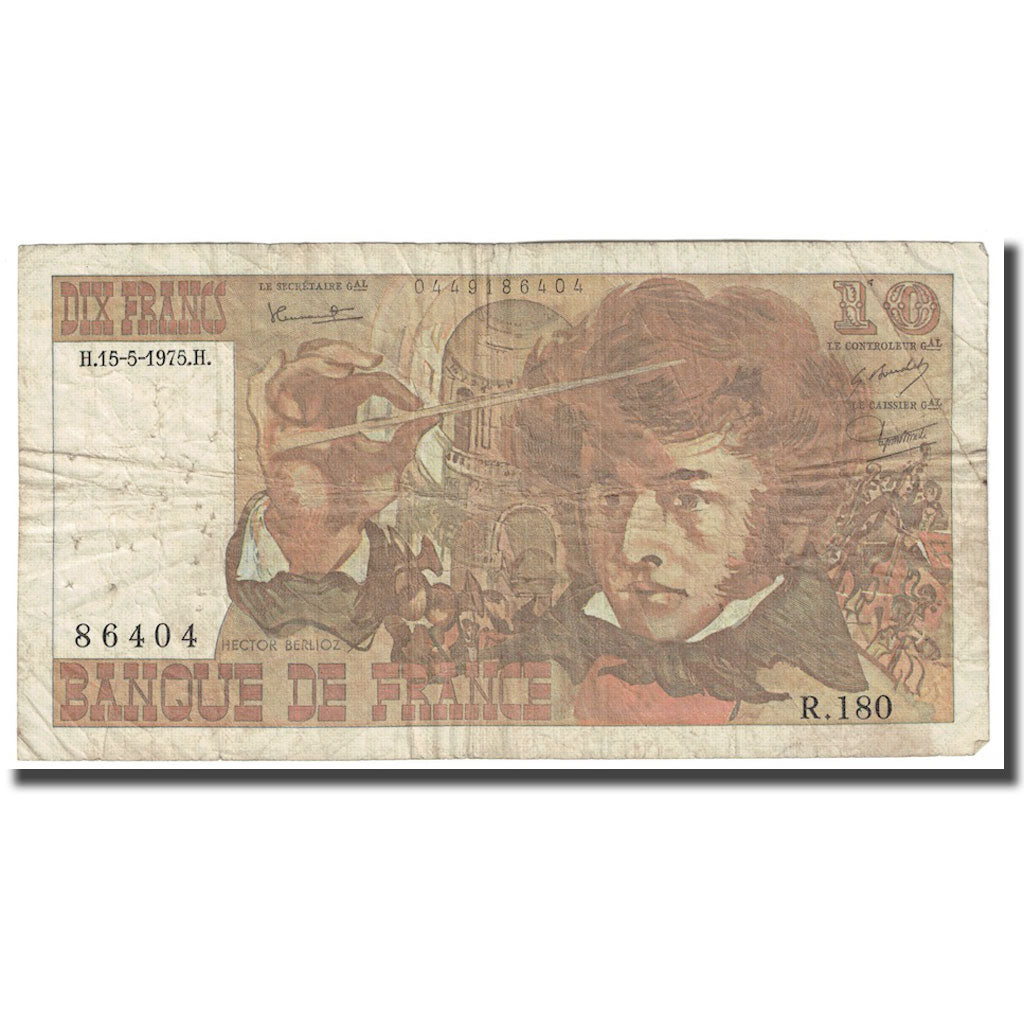 França, 10 Francs, Berlioz, 1975, 1975-05-15, VF(20-25), Fayette:63.10, KM:150b