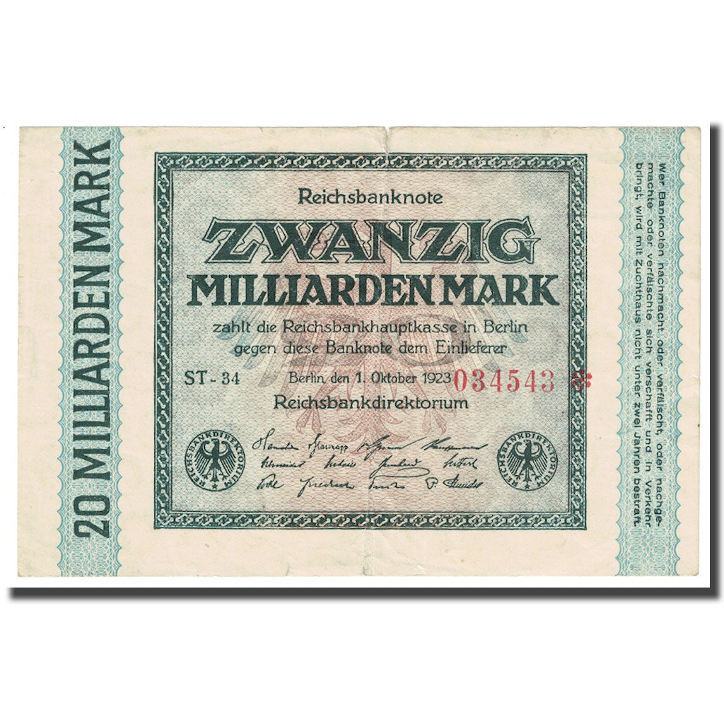 Banknote, Germany, 20 Milliarden Mark, 1923, 1923-10-01, 20 milliarden on left