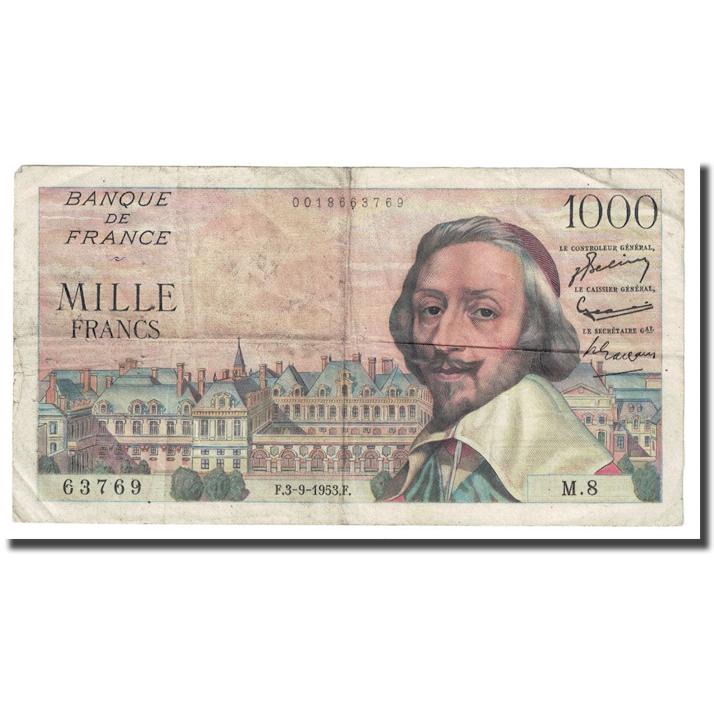 França, 1000 Francs, Richelieu, 1953, 1953-09-03, VF(30-35), Fayette:42.2