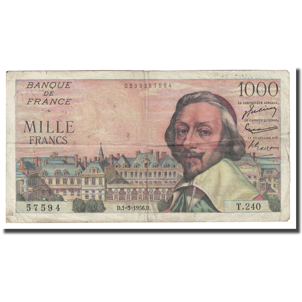France, 1000 Francs, Richelieu, 1956, 1956-03-01, TB+, Fayette:42.19, KM:134a