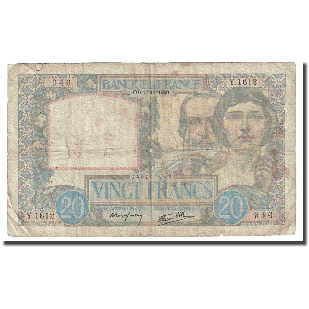 Frankreich, 20 Francs, Science et Travail, 1940, 1940-10-17, S, Fayette:12.9