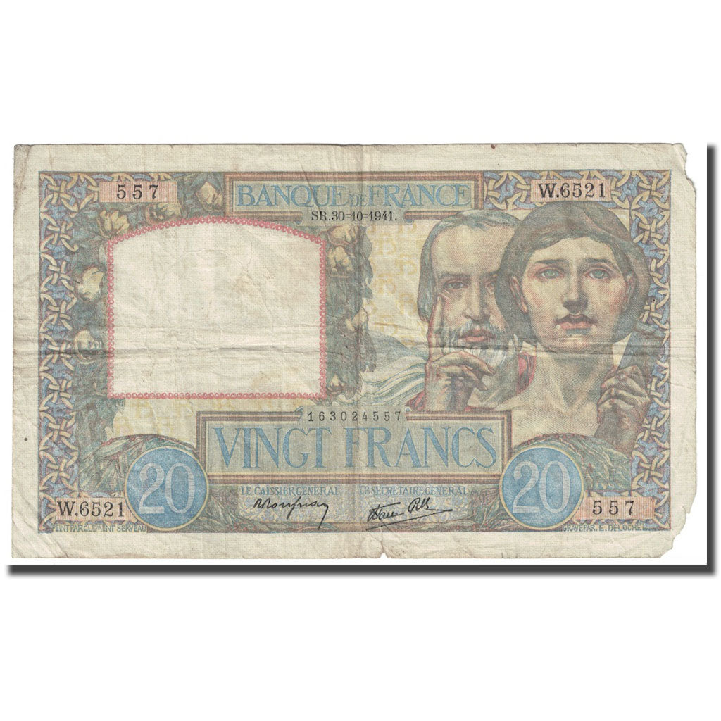 France, 20 Francs, Science et Travail, 1941, 1941-10-30, VF(20-25)