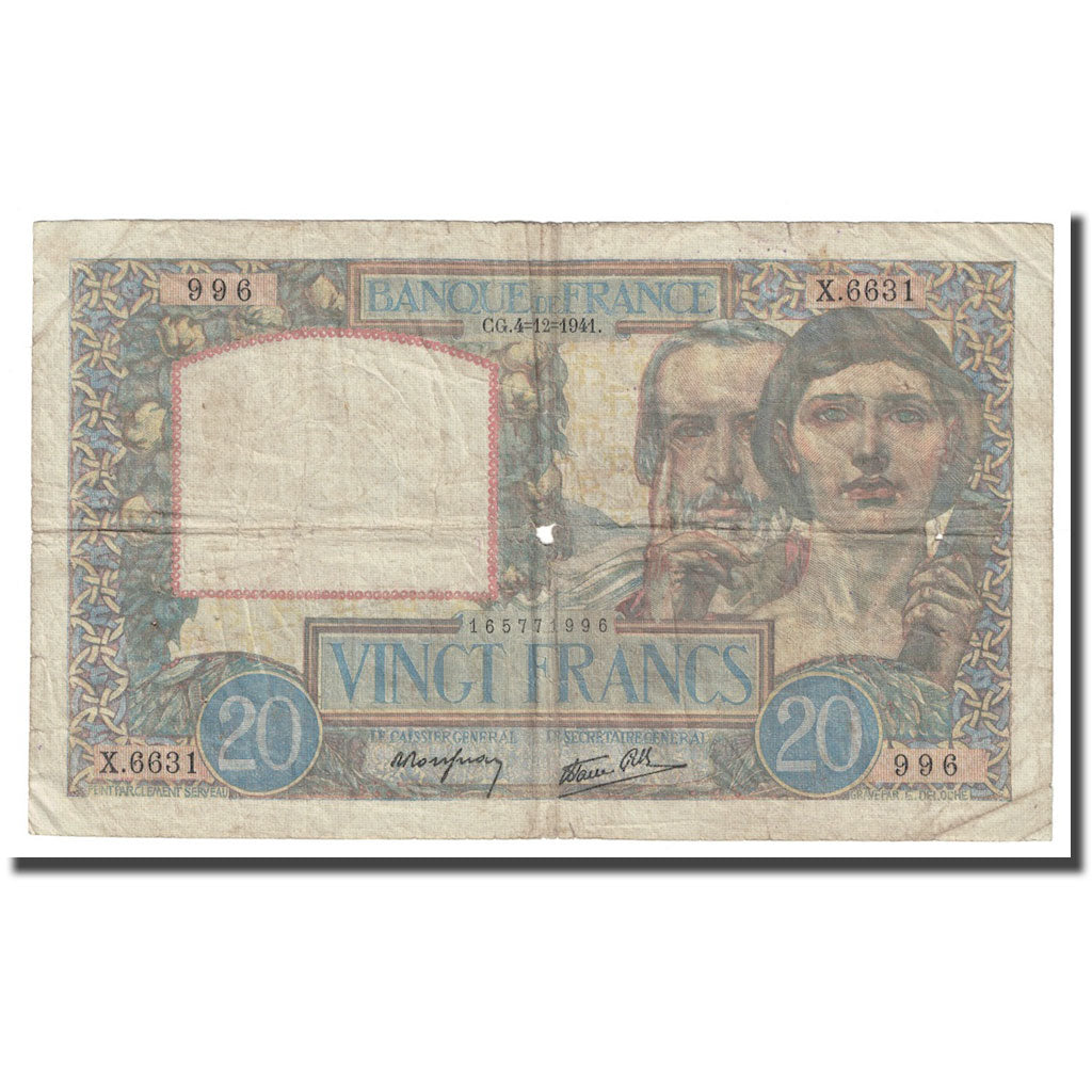 France, 20 Francs, Science et Travail, 1941, 1941-12-04, VF(20-25)