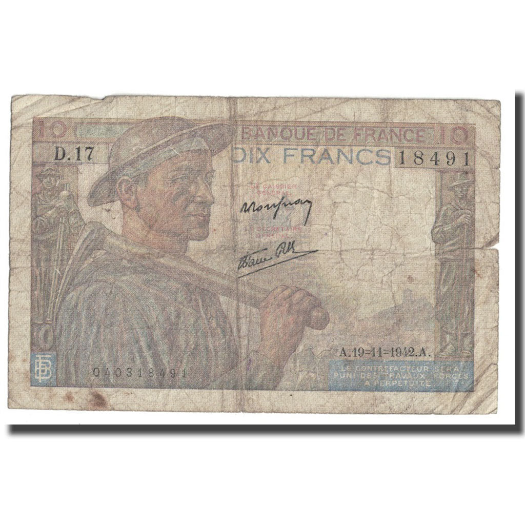 Frankrijk, 10 Francs, Mineur, 1942, 1942-11-19, B+, Fayette:8.5, KM:99e