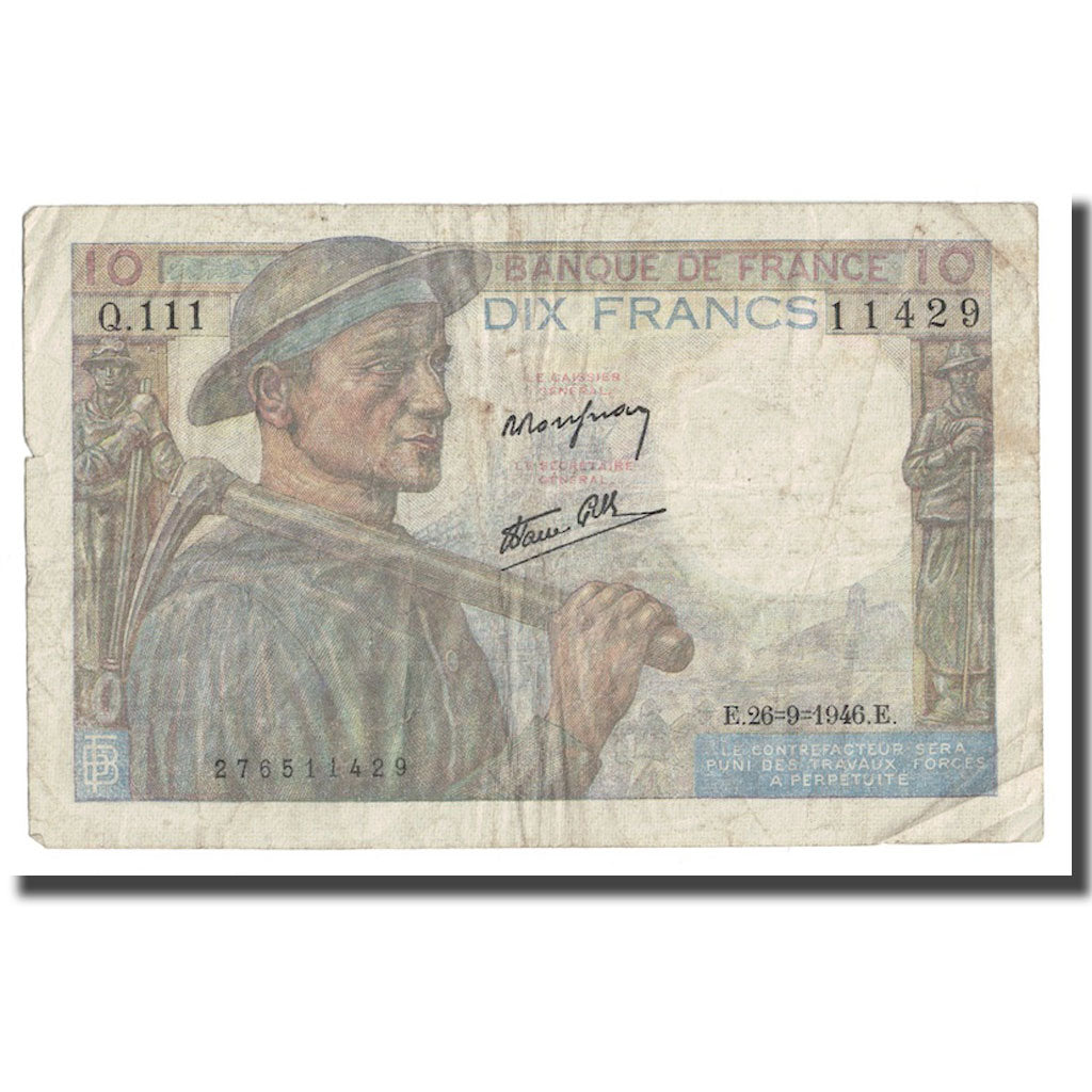 Frankrijk, 10 Francs, Mineur, 1946, 1946-09-26, TB, Fayette:8.15, KM:99e