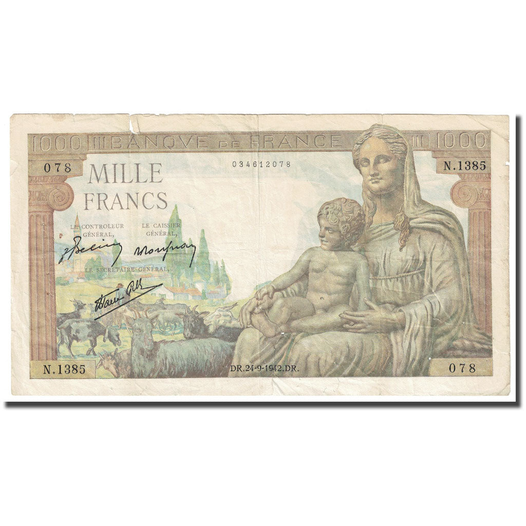 Frankrijk, 1000 Francs, Déesse Déméter, 1942, 1942-09-24, TTB, Fayette:40.07
