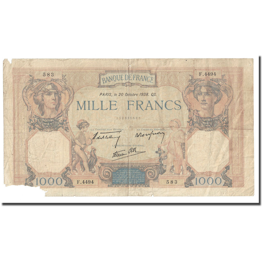 France, 1000 Francs, Cérès et Mercure, 1938, 1938-10-20, TB, Fayette:38.30
