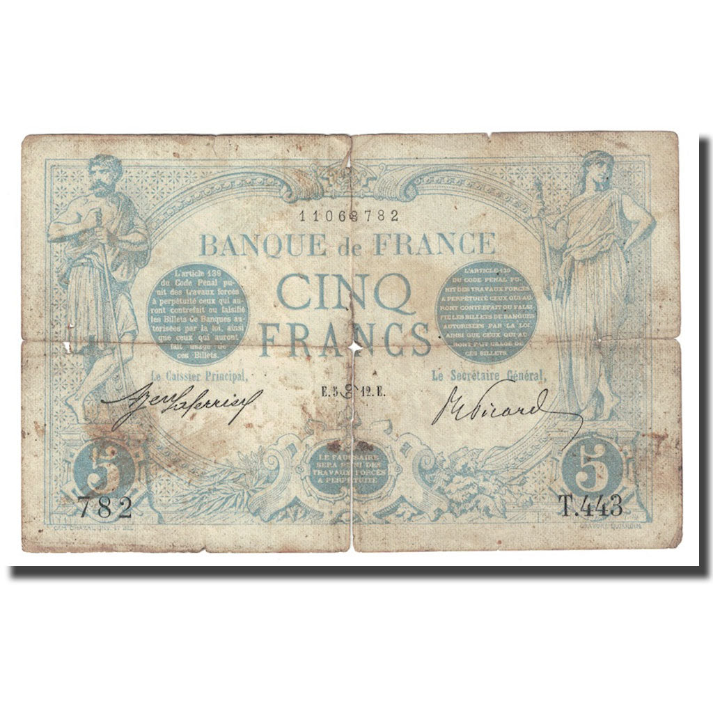França, 5 Francs, Bleu, 1912, F(12-15), Fayette:02.06, KM:70