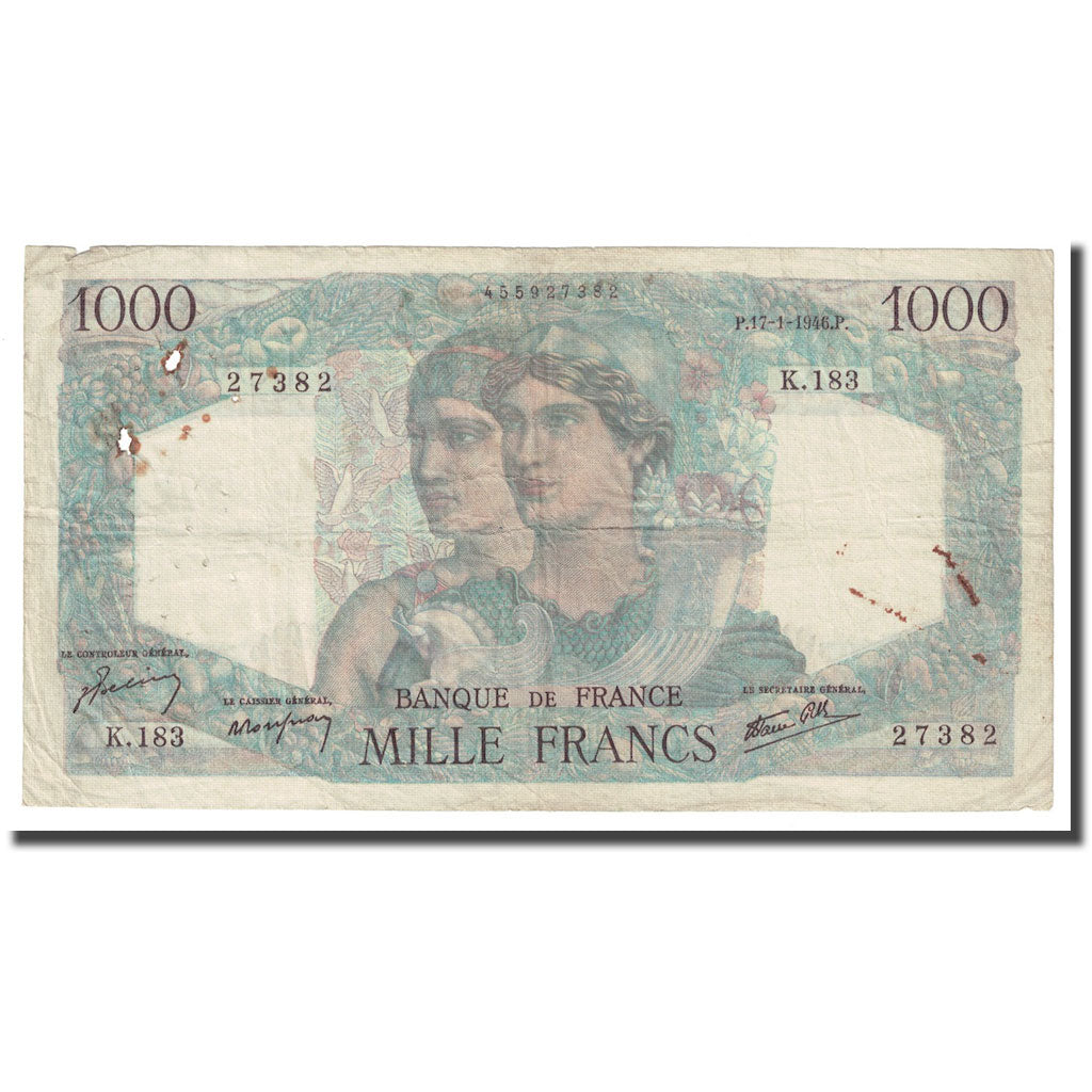 Francia, 1000 Francs, 1946, 1946-01-17, MB+, Fayette:41.10, KM:130a