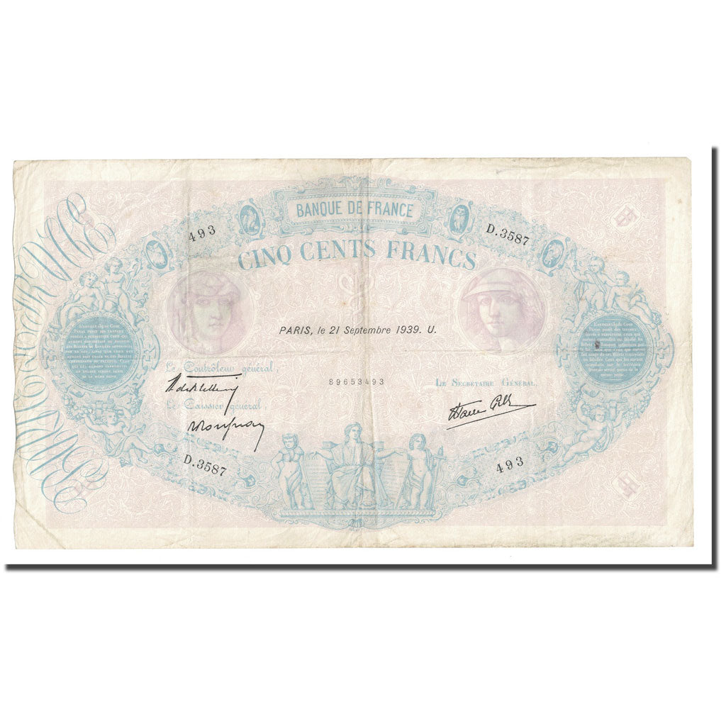 France, 500 Francs, Bleu et Rose, 1939, 1939-09-21, EF(40-45), Fayette:31.40
