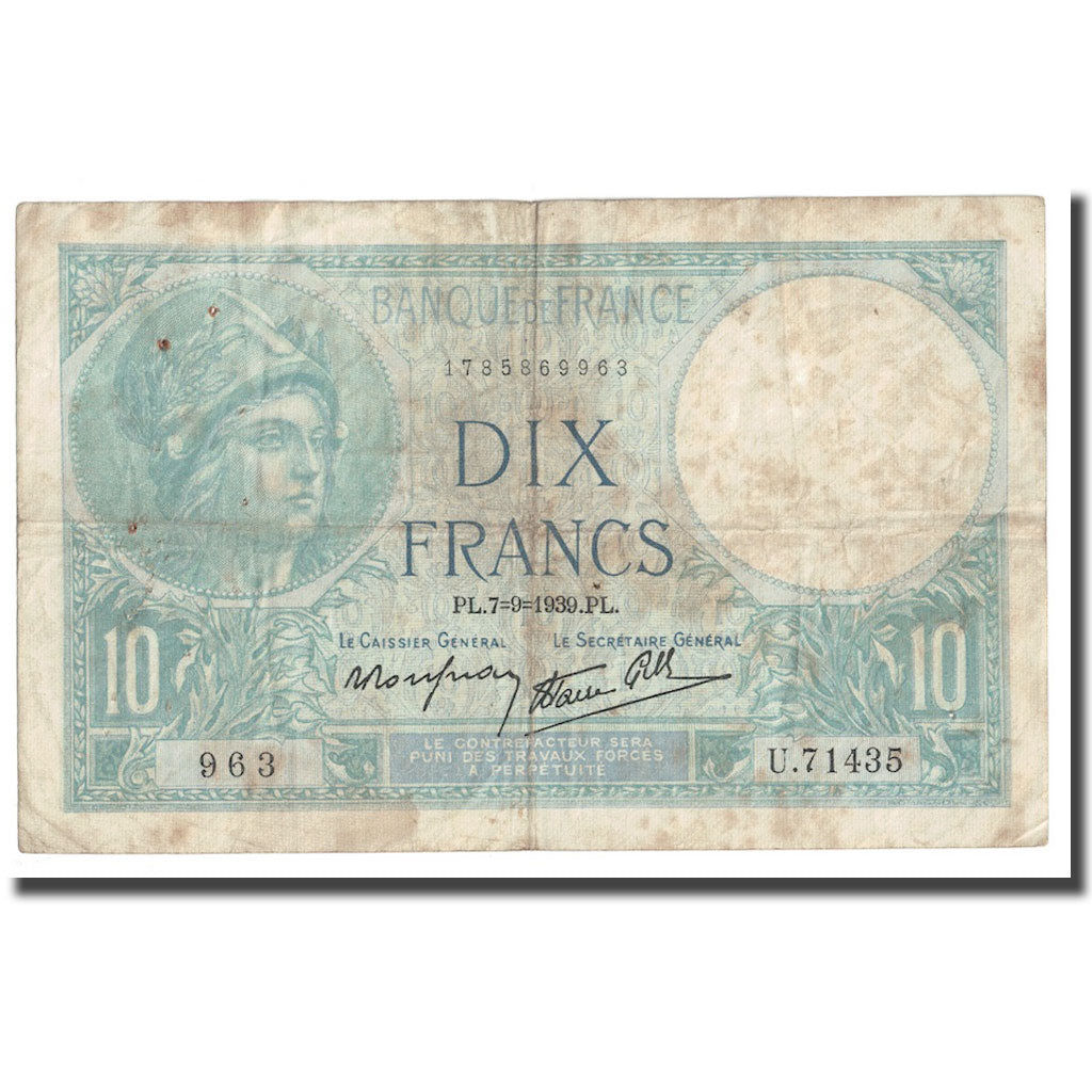 France, 10 Francs, Minerve, 1939, 1939-09-07, TB, Fayette:7.6, KM:84