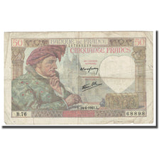 France, 50 Francs, Jacques Coeur, 1941, 1941-04-24, TB+, Fayette:19.09, KM:93