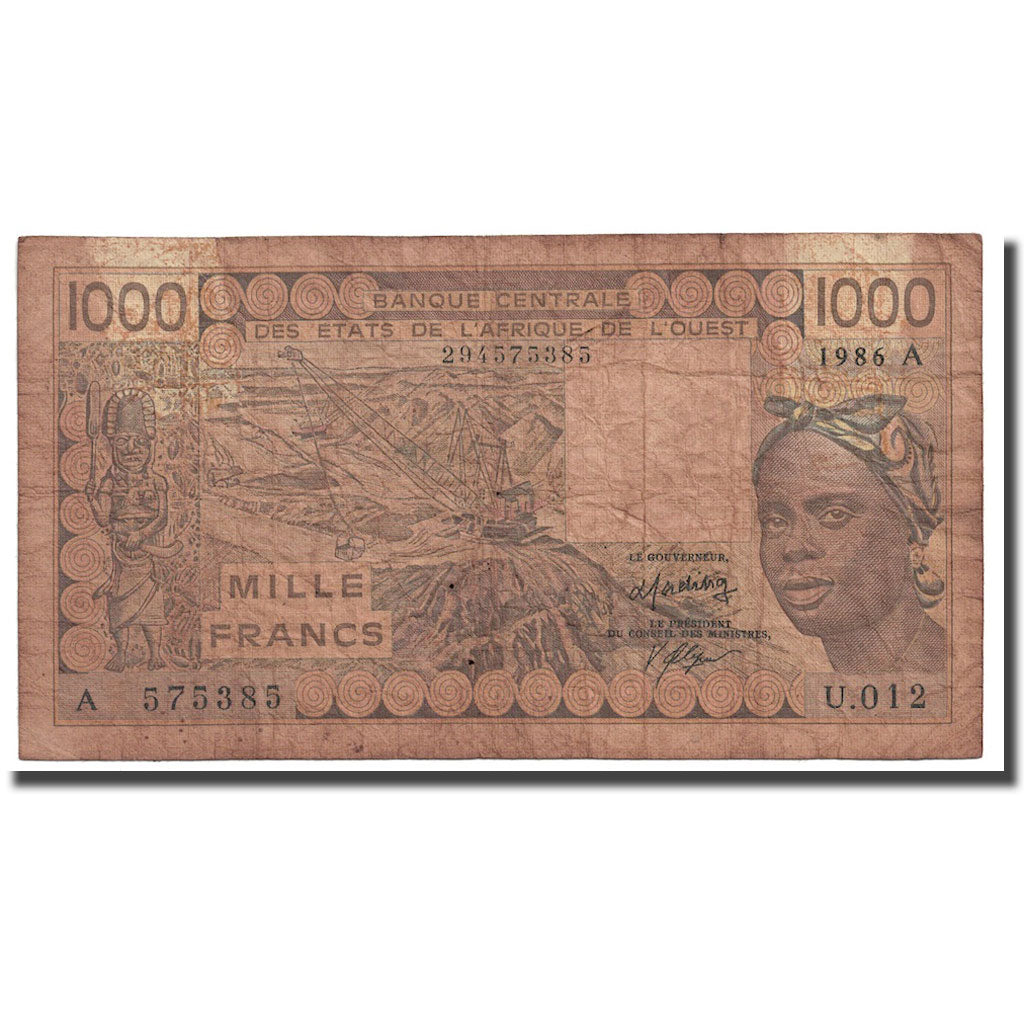 Billet, West African States, 1000 Francs, 1986, KM:207Bf, B+