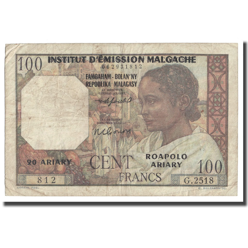 Billet, Madagascar, 100 Francs =  20 Ariary, Undated (1961), KM:52, TB