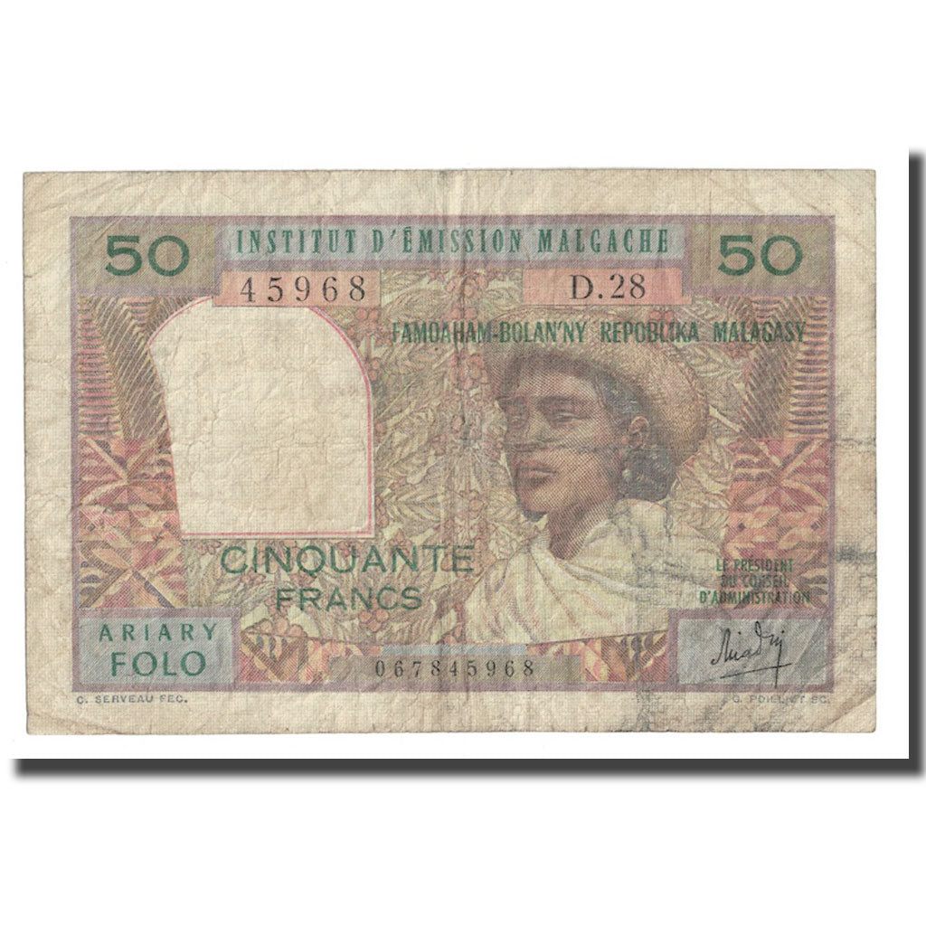 Billete, 50 Francs = 10 Ariary, undated (1969), Madagascar, KM:61, BC