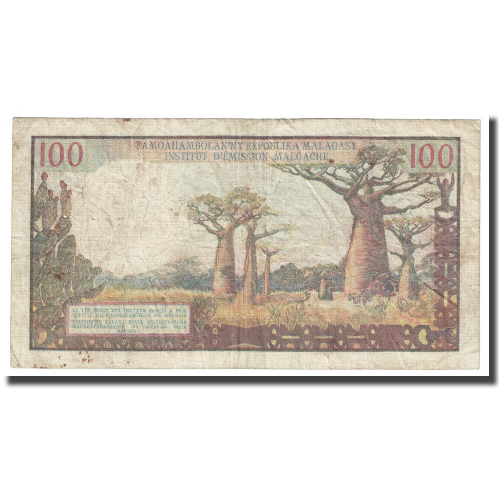 Banconote, Madagascar, 100 Francs =  20 Ariary, Undated (1966), KM:57a, MB