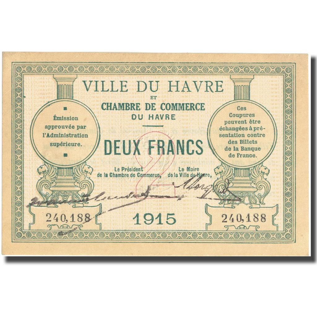 France, 2 Francs, PIROT 68-12, 1915, Le Havre, UNC(60-62)