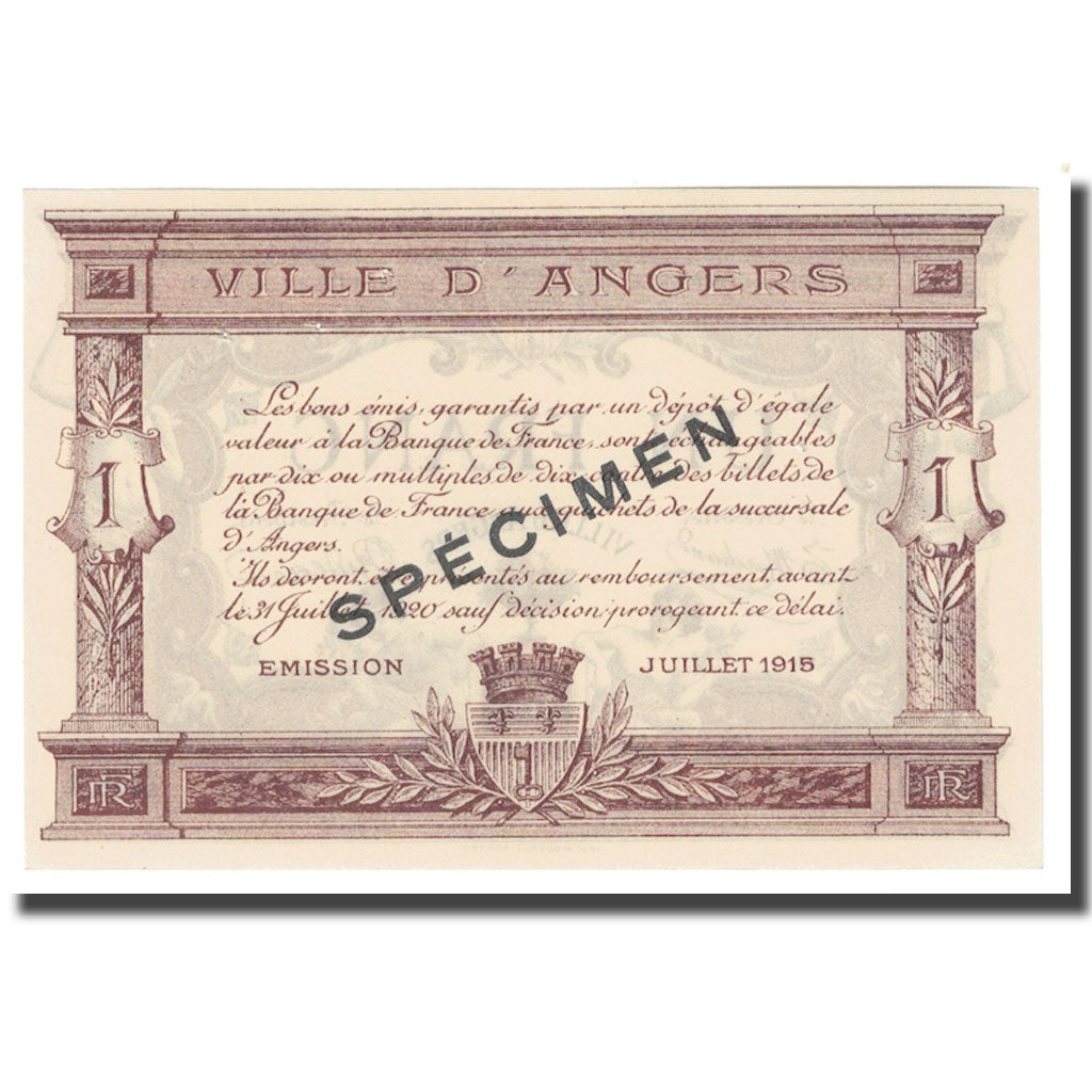França, Angers, 1 Franc, 1915, Espécime, EF(40-45), Pirot:8-2