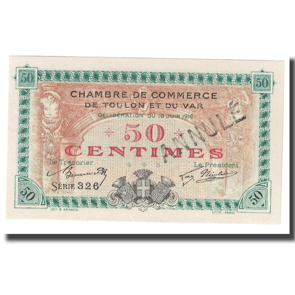 Francja, Toulon, 50 Centimes, 1916, Annulé sans trous, UNC(65-70), Pirot:121-1
